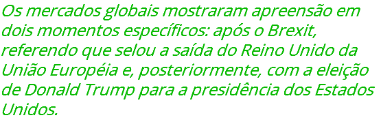 Os mercados globais mostraram apreensão em dois momentos específicos: após o Brexit, referendo que selou a saída do Reino Unido da União Européia e, posteriormente, com a eleição de Donald Trump para a presidência dos Estados Unidos.